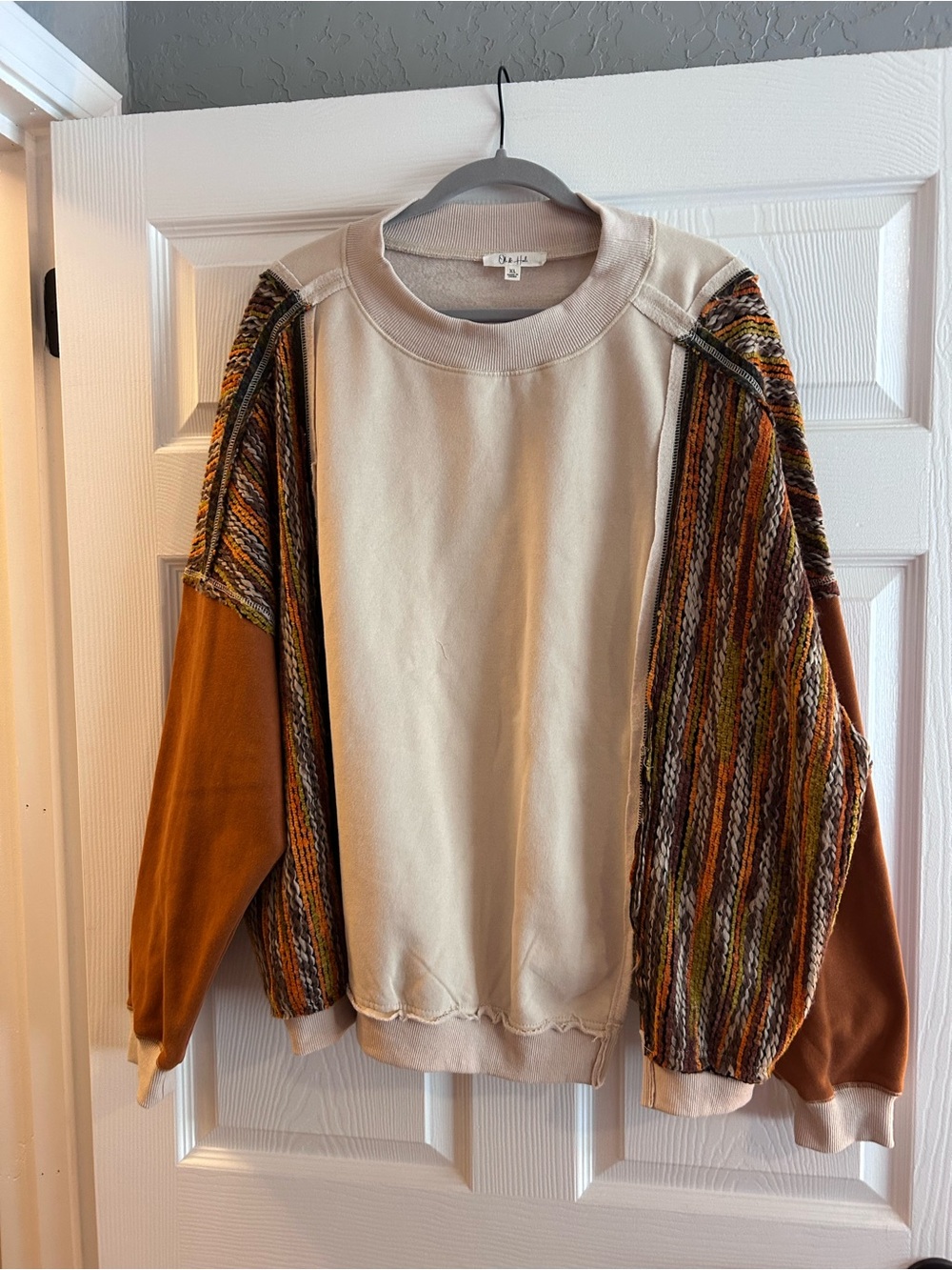 Oli & Hali Cream Crewneck Sweater with Rust and Multicolor Knit